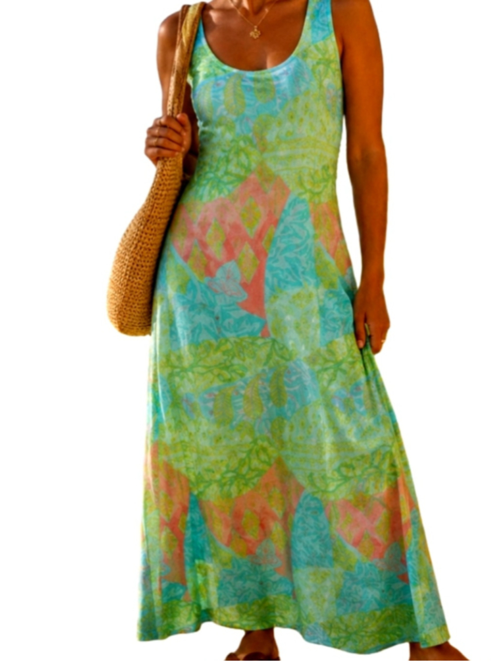 Vintage Stamp Clothing Patchwork Floral Sleeveless Maxi Shift Dress S